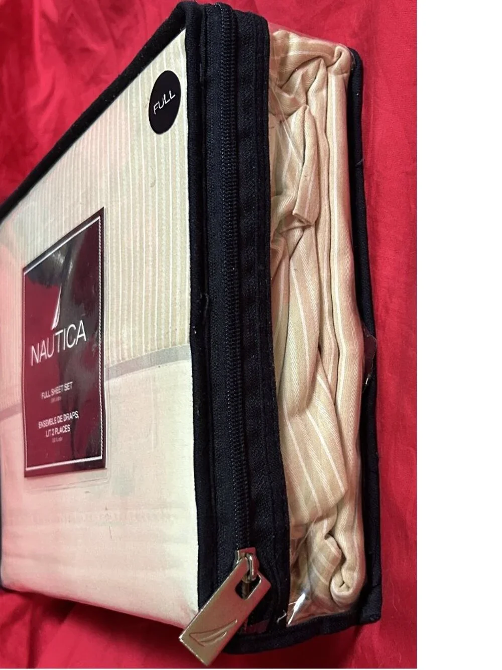 Vintage Full size Deep Fitted Sheet Set~Nautica Oslo Ivory Ecru Tan Stripe~310TC
